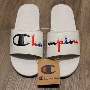 Champion Super Slide Split Script White Flip Flops